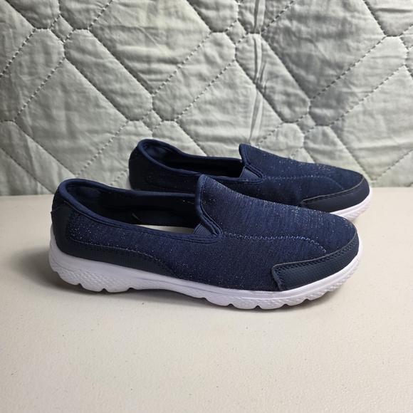 Shoes - Ladies Navy Slip-On Sneakers with White Soles